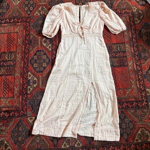 Free People Pale Peach Cotton Sundress with Puff Sleeves and V-Neck
